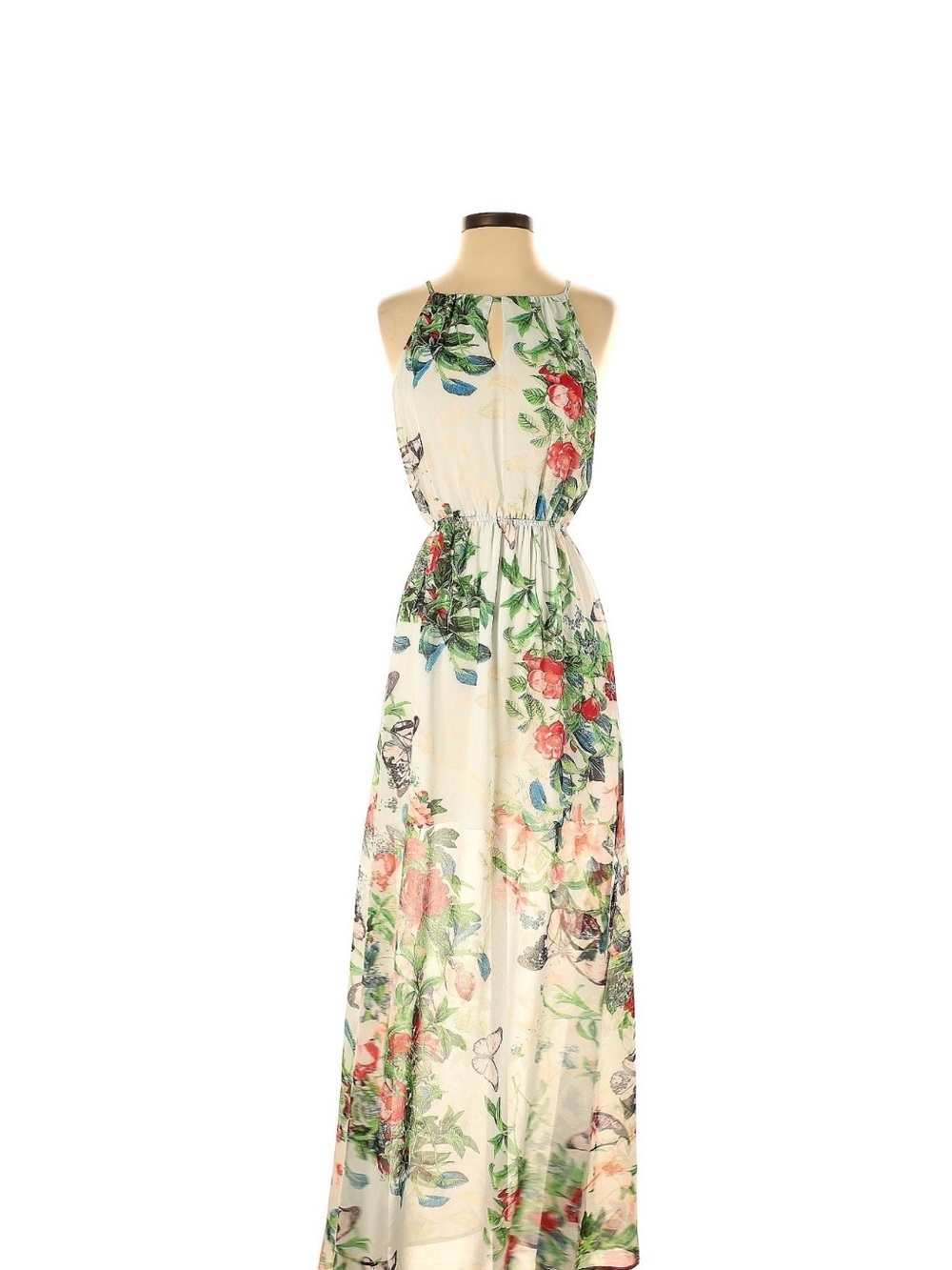 Fate Floral Halter Maxi Dress in Cream, Pink and Green